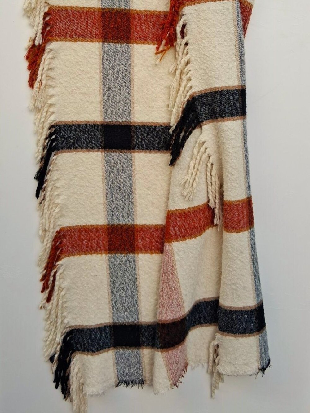 ZARA plaid oversized scarf, white, brown, gray, with fringe, polyester, 80"x30"